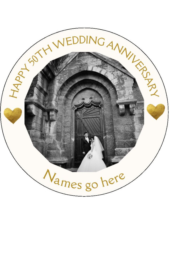 Happy 50th Wedding Anniversary (Golden) - edible cake/cupcake toppers - personalised with photo and text