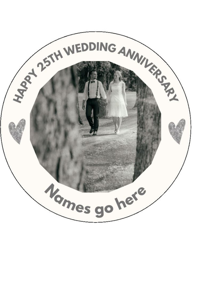 Happy 25th Wedding Anniversary (Silver) - edible cake/cupcake toppers - personalised with photo and text